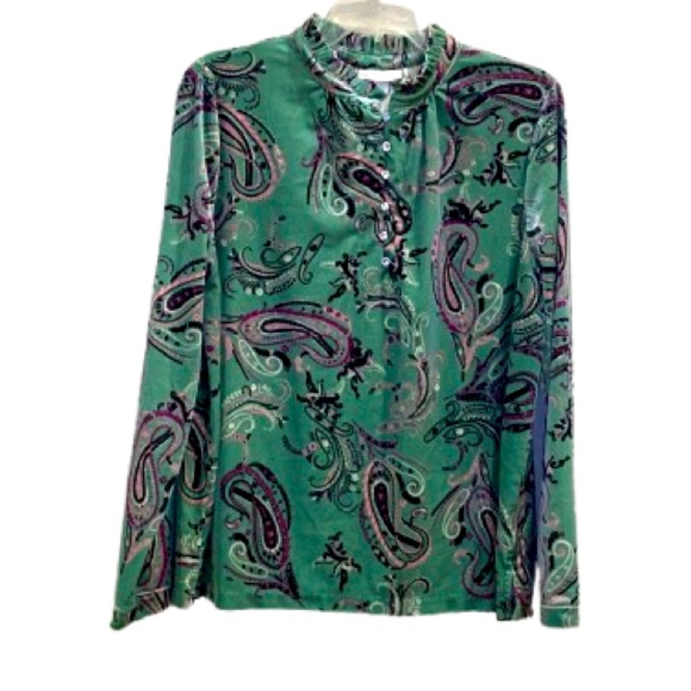 Charter Club Velvet Paisley Turqouis Longsleeve Blouse L